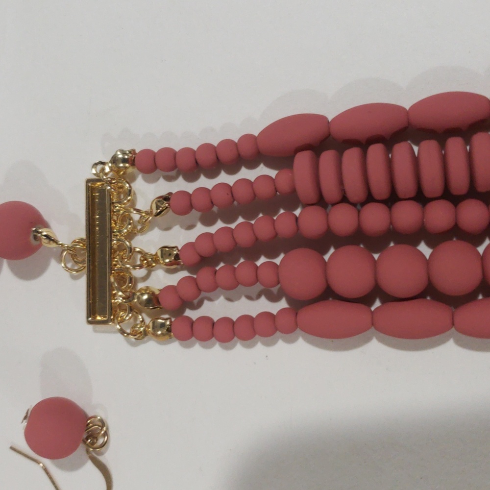 Matte Coral Multi-Strand Necklace & Earrings Set – Gold Beaded Layered Statement - Picture 12 of 13